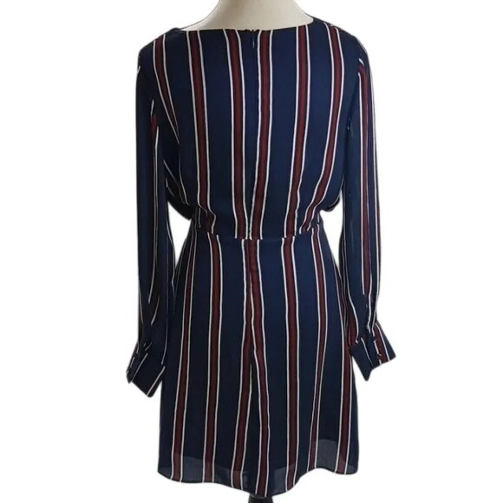 Lulus Womens Size XS Dress Navy Red White Striped Long Sleeve Tie Waist Mini